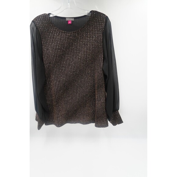 Vince Camuto Metallic Black & Gold Sparkle Knit Blouse Sheer Chiffon Sleeve Sz L - Picture 1 of 8